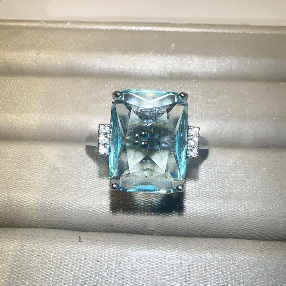 Aquamarine Gemstone Cocktail Ring Sterling Silver Tone Size 5 12 - Picture 1 of 13